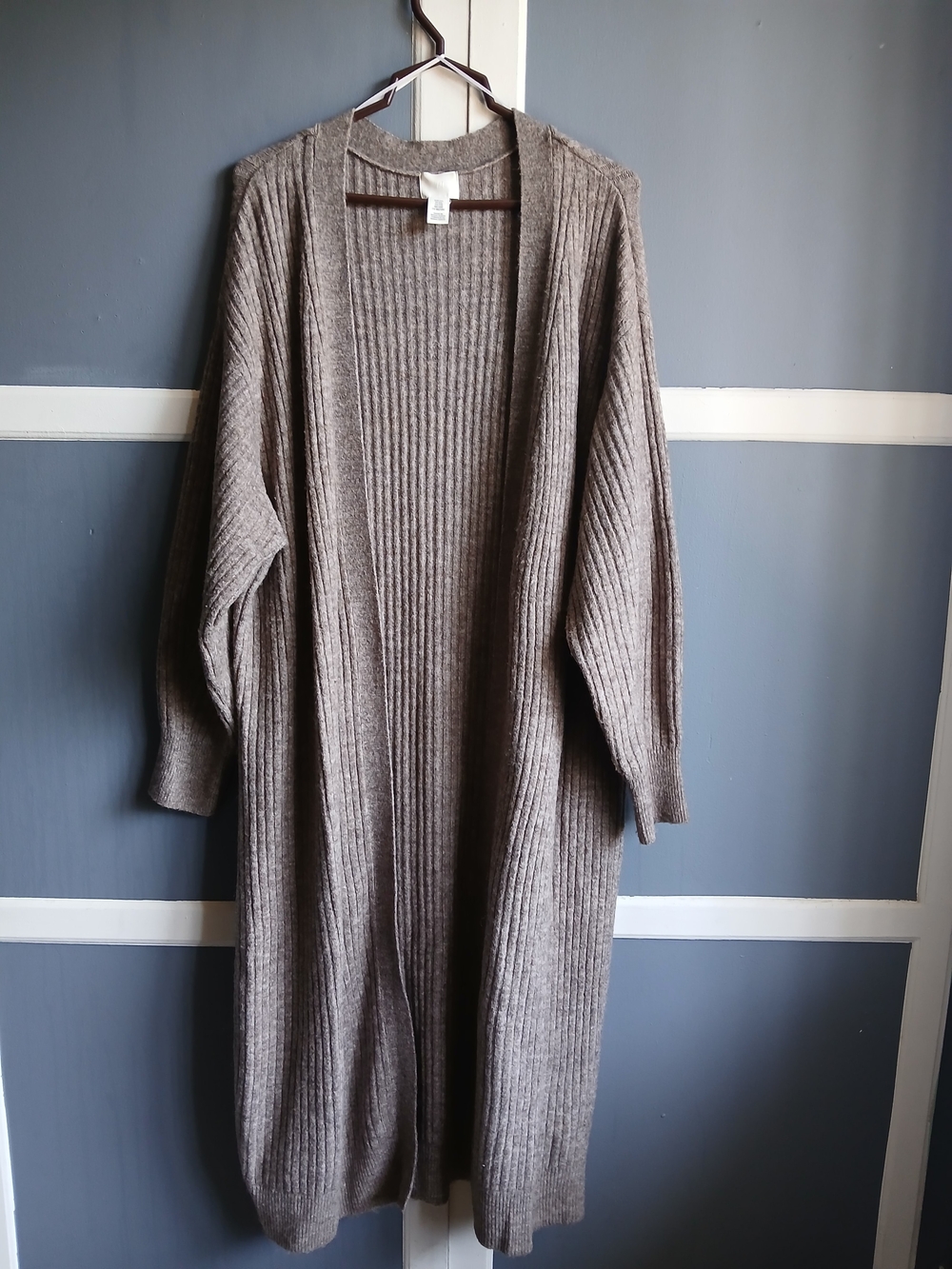 H&M Ribbed Open-Front Long Cardigan in Taupe
